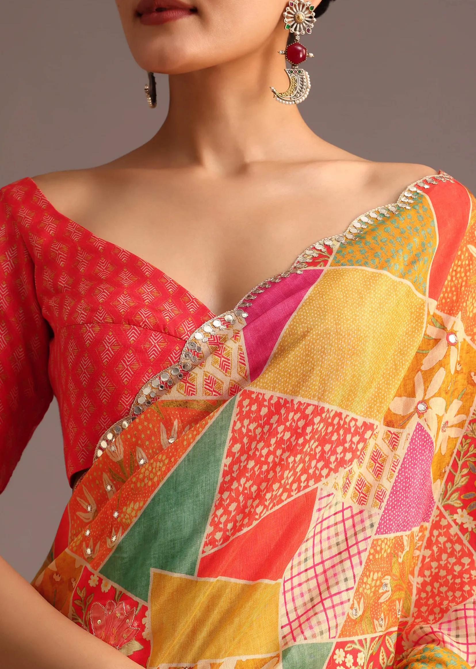 Multi Coloured Printed Muslin Saree With Unstitched Blouse