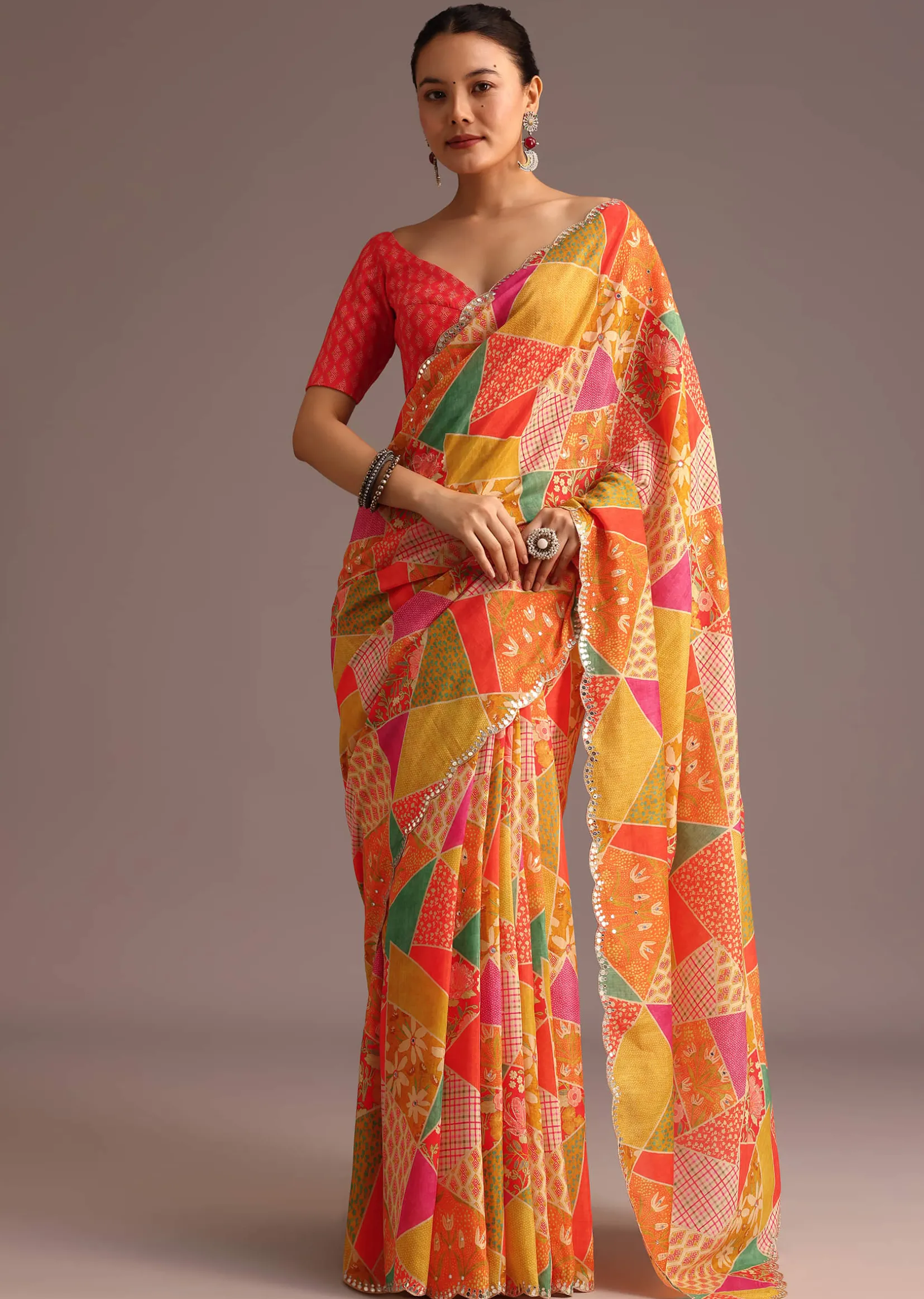 Multi Coloured Printed Muslin Saree With Unstitched Blouse