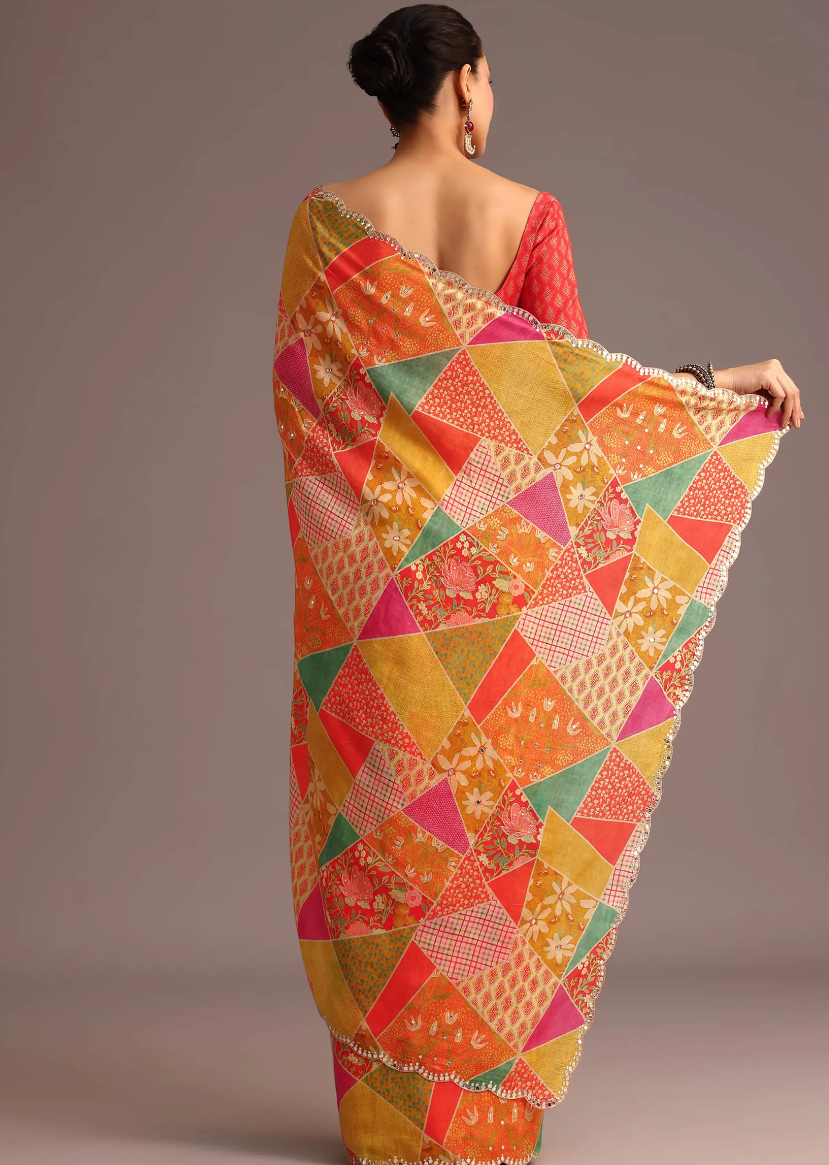Multi Coloured Printed Muslin Saree With Unstitched Blouse