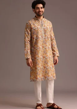 Multi Coloured Silk Kurta And Pant In Schiffli Work