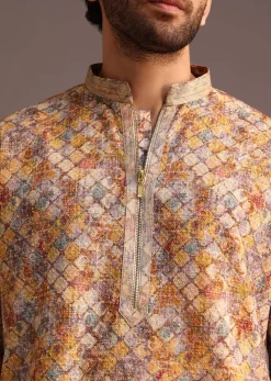 Multi Coloured Silk Kurta And Pant In Schiffli Work