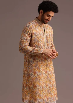 Multi Coloured Silk Kurta And Pant In Schiffli Work