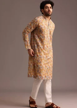 Multi Coloured Silk Kurta And Pant In Schiffli Work