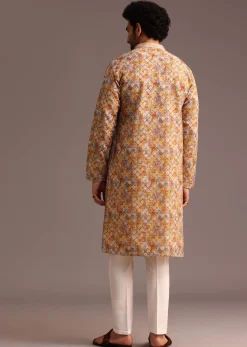 Multi Coloured Silk Kurta And Pant In Schiffli Work