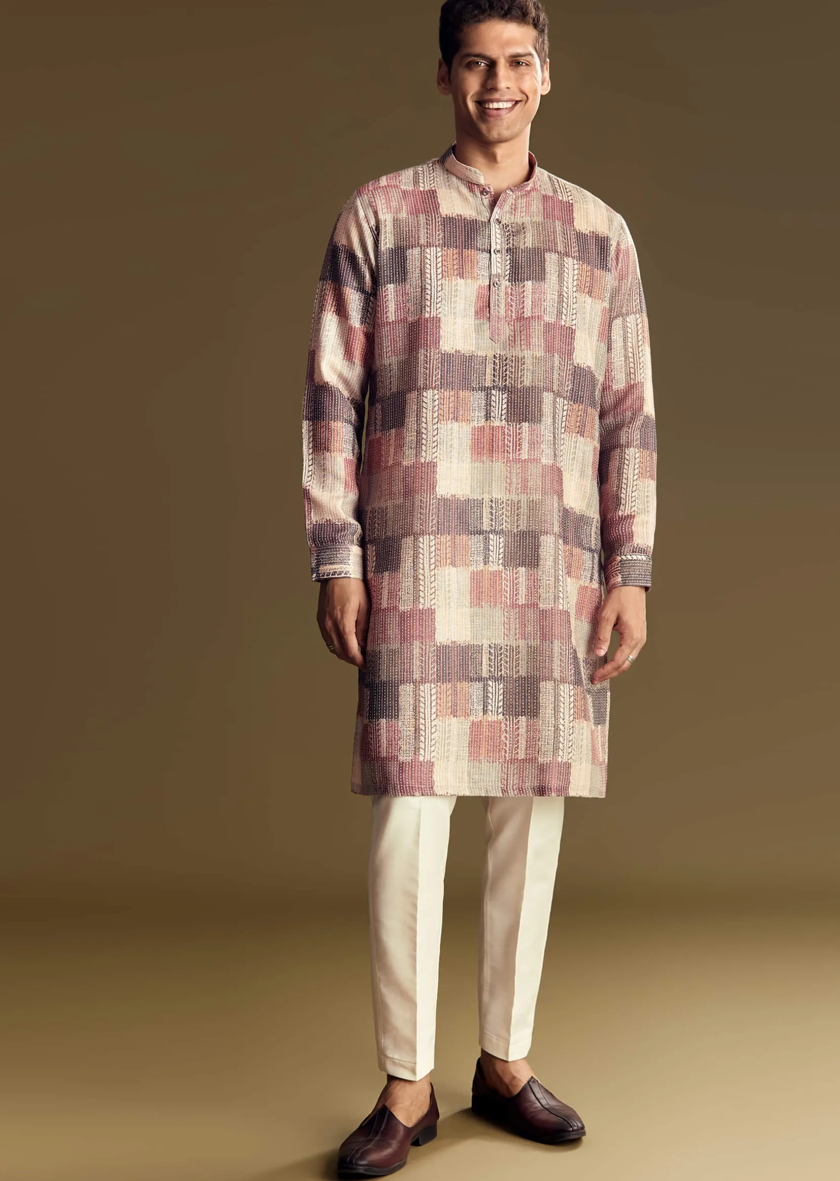 Multi Linen Kurta Set With Artistic Kantha Detailing