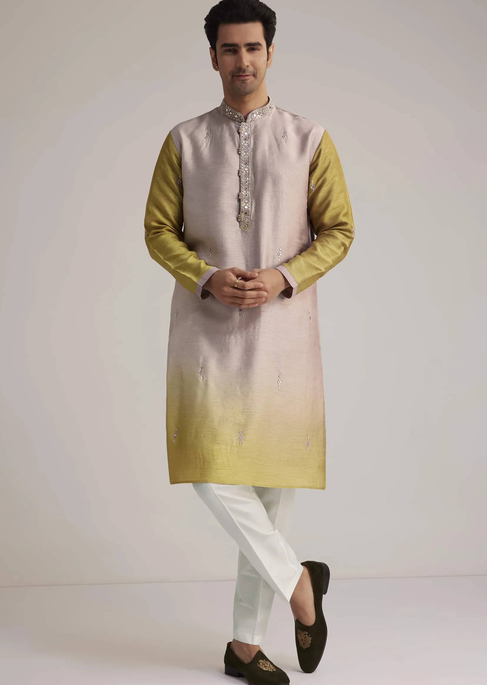 Multi Ombre Silk Kurta Set With Mirror Work