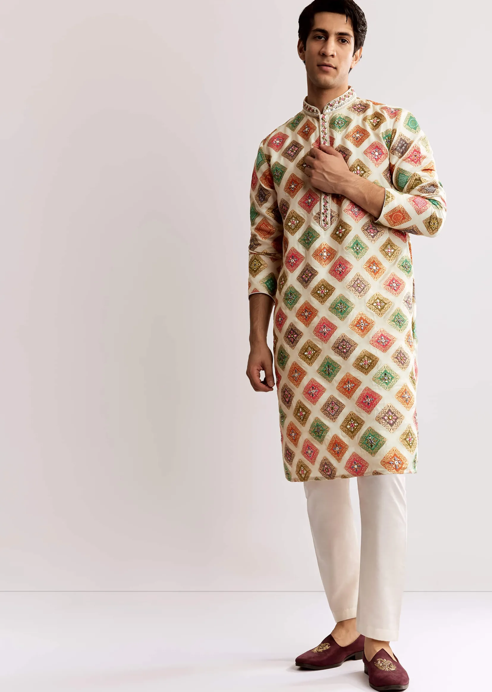 Multi Silk Kurta Set With Geometric Print