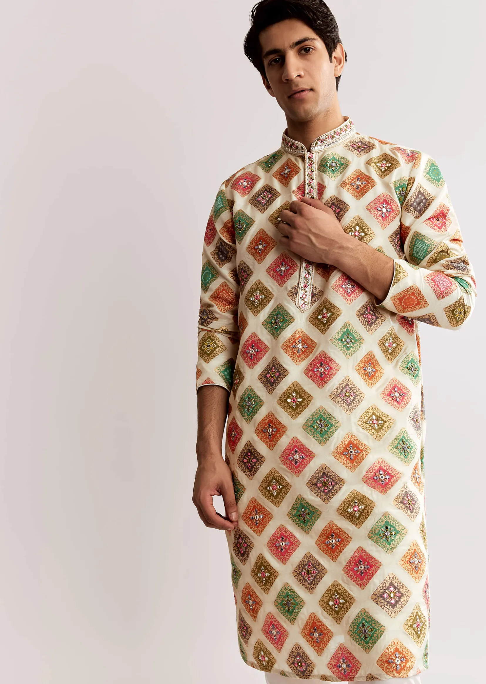 Multi Silk Kurta Set With Geometric Print