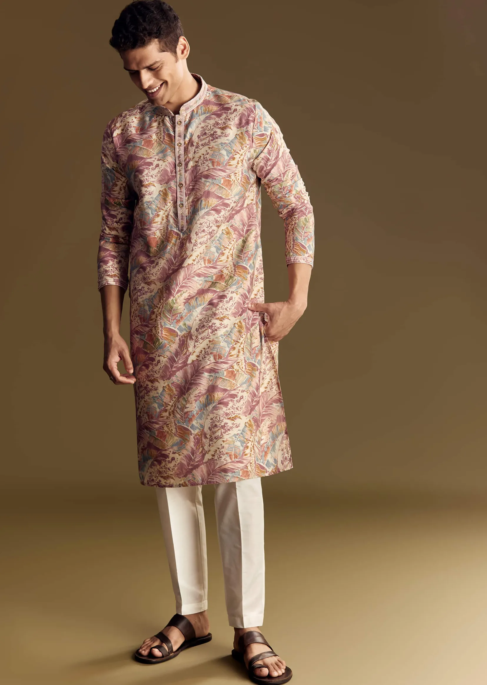 Multi Tone Silk Kurta Set With Floral And Foil Highlights
