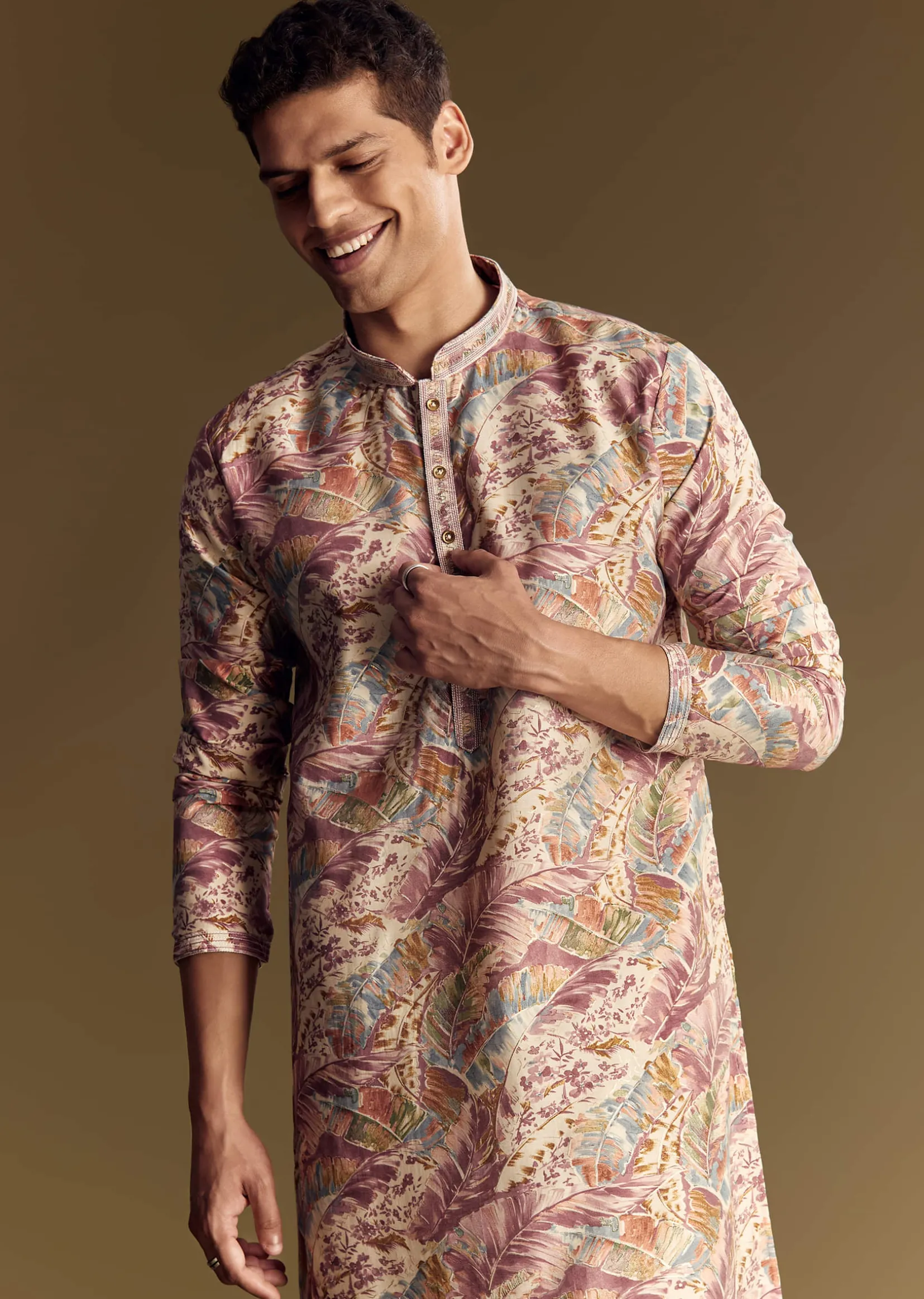 Multi Tone Silk Kurta Set With Floral And Foil Highlights