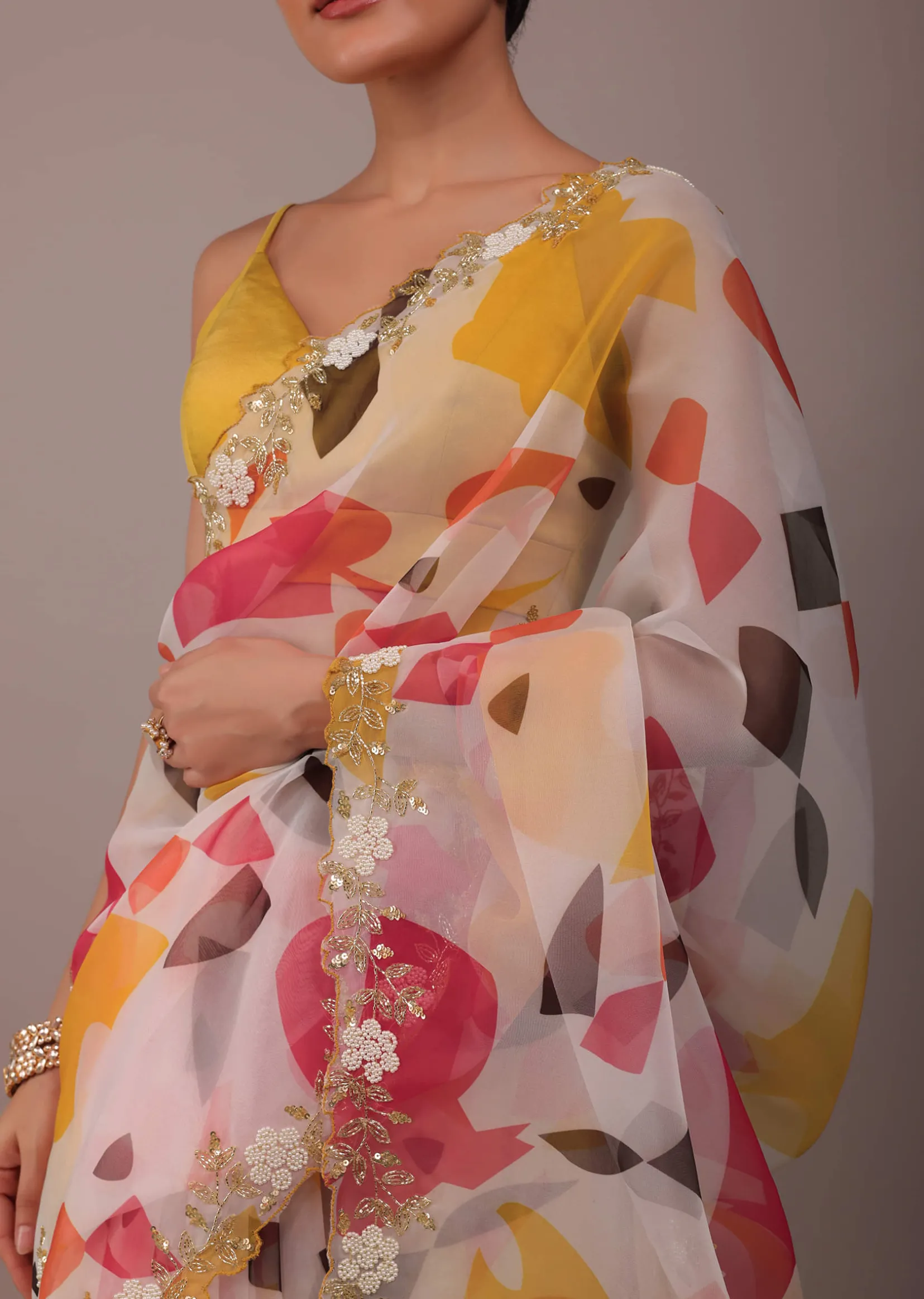 Multicolor Abstract Printed Saree In Organza With Cut Dana Butti All Over
