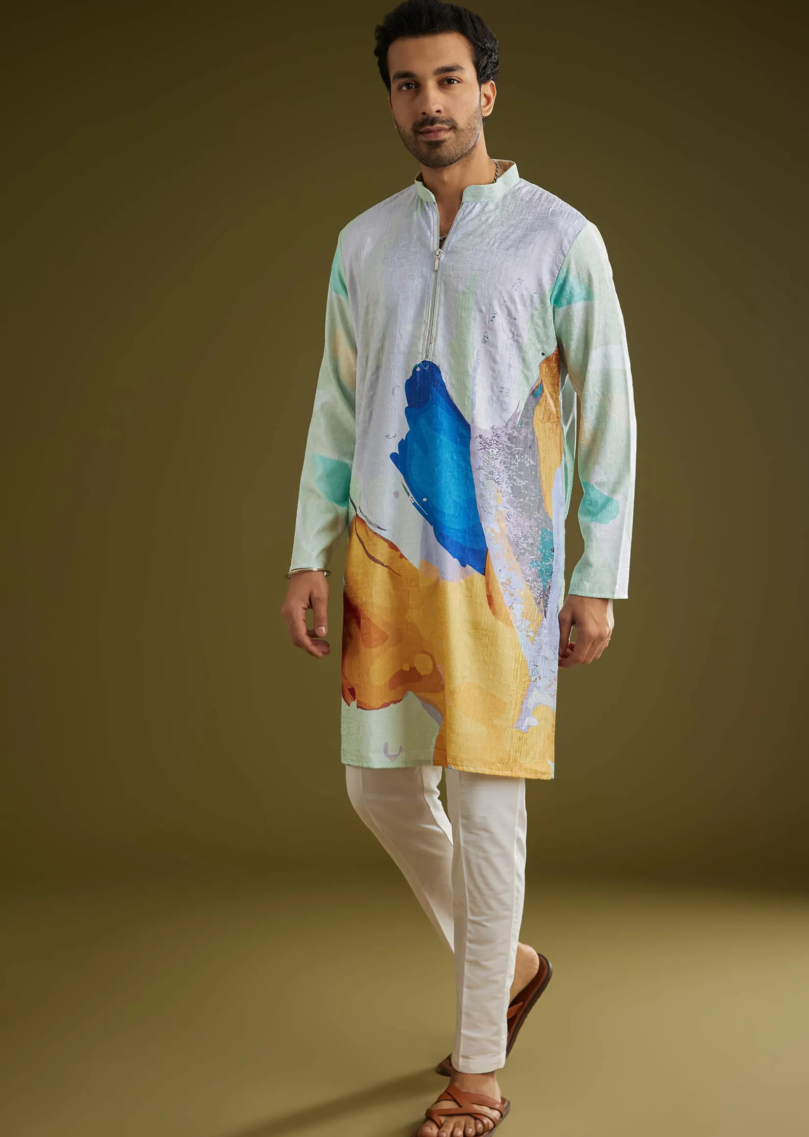Multicolor Linen Abstract Printed Zipper Kurta Set