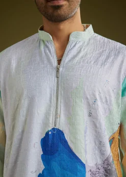 Multicolor Linen Abstract Printed Zipper Kurta Set
