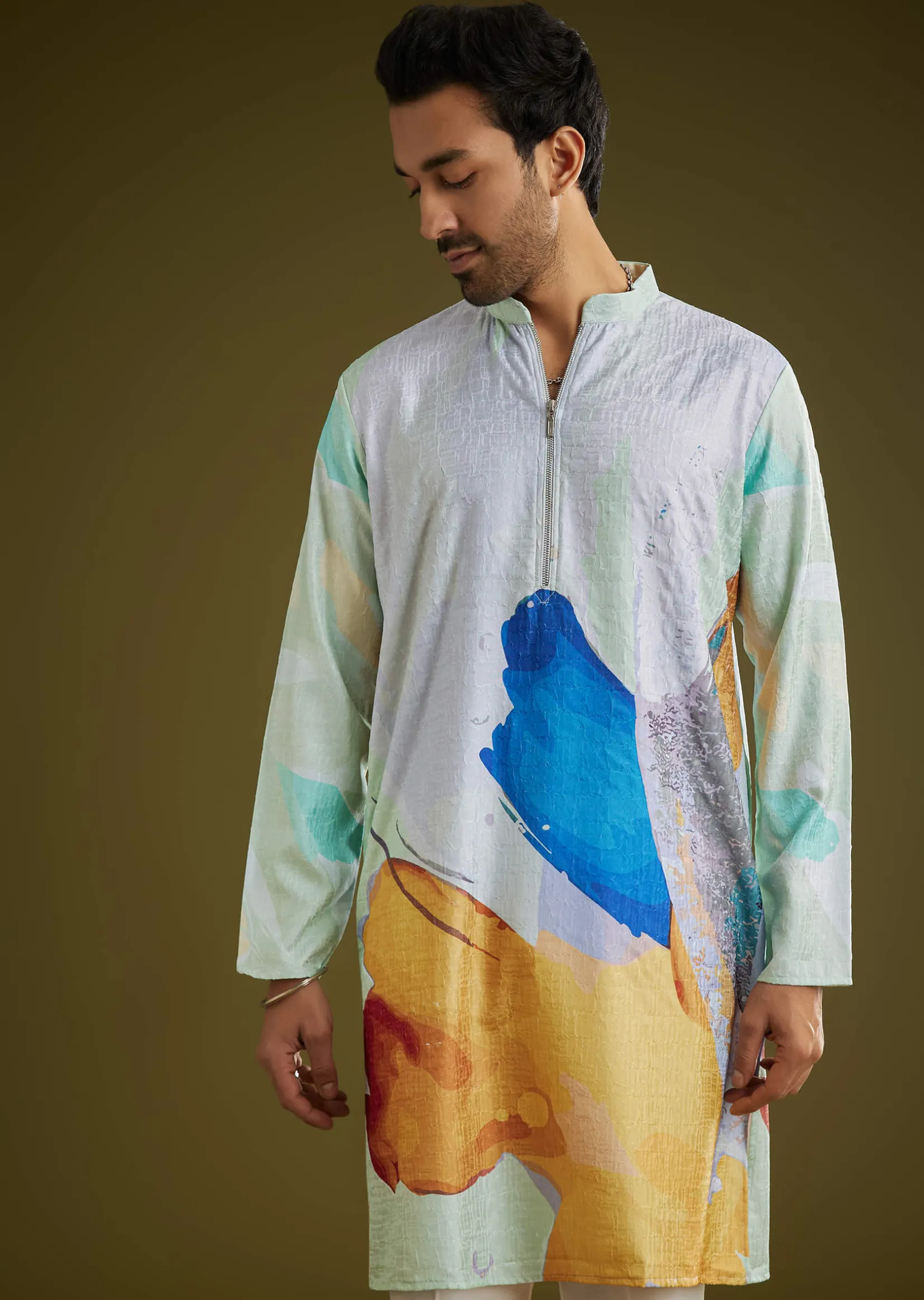Multicolor Linen Abstract Printed Zipper Kurta Set