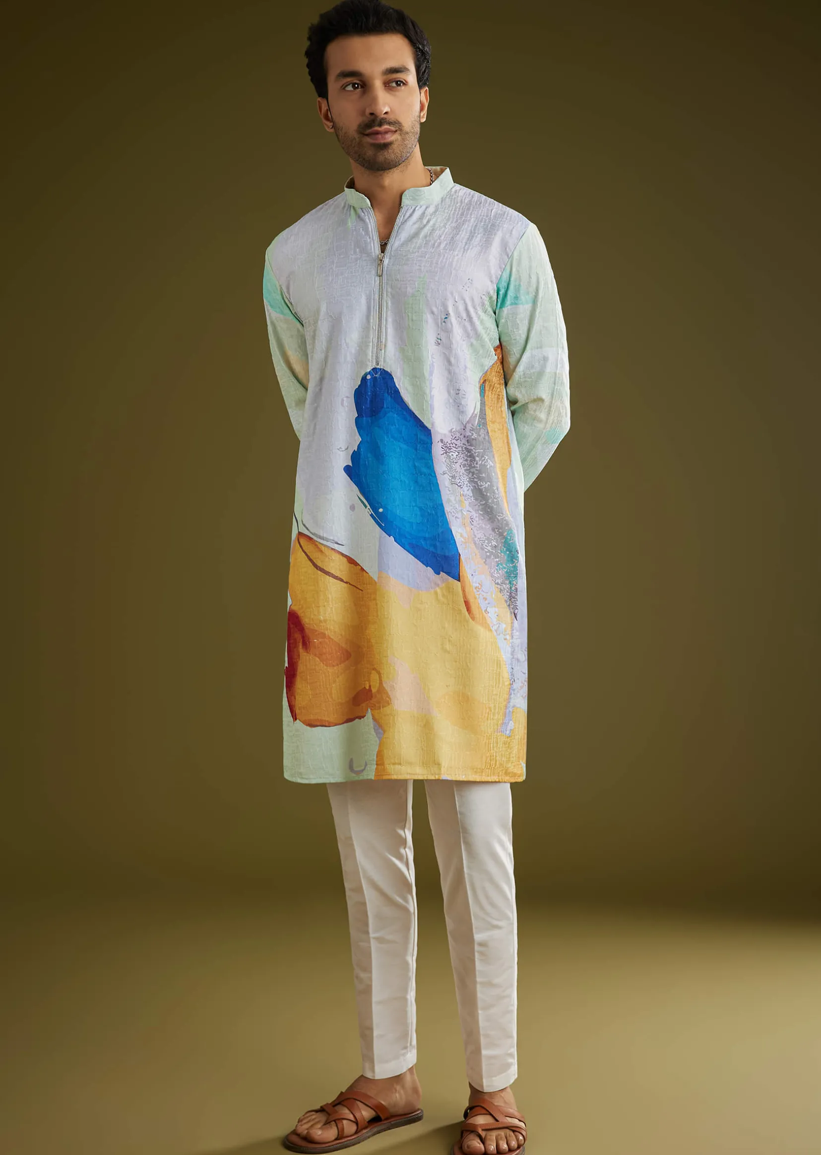 Multicolor Linen Abstract Printed Zipper Kurta Set
