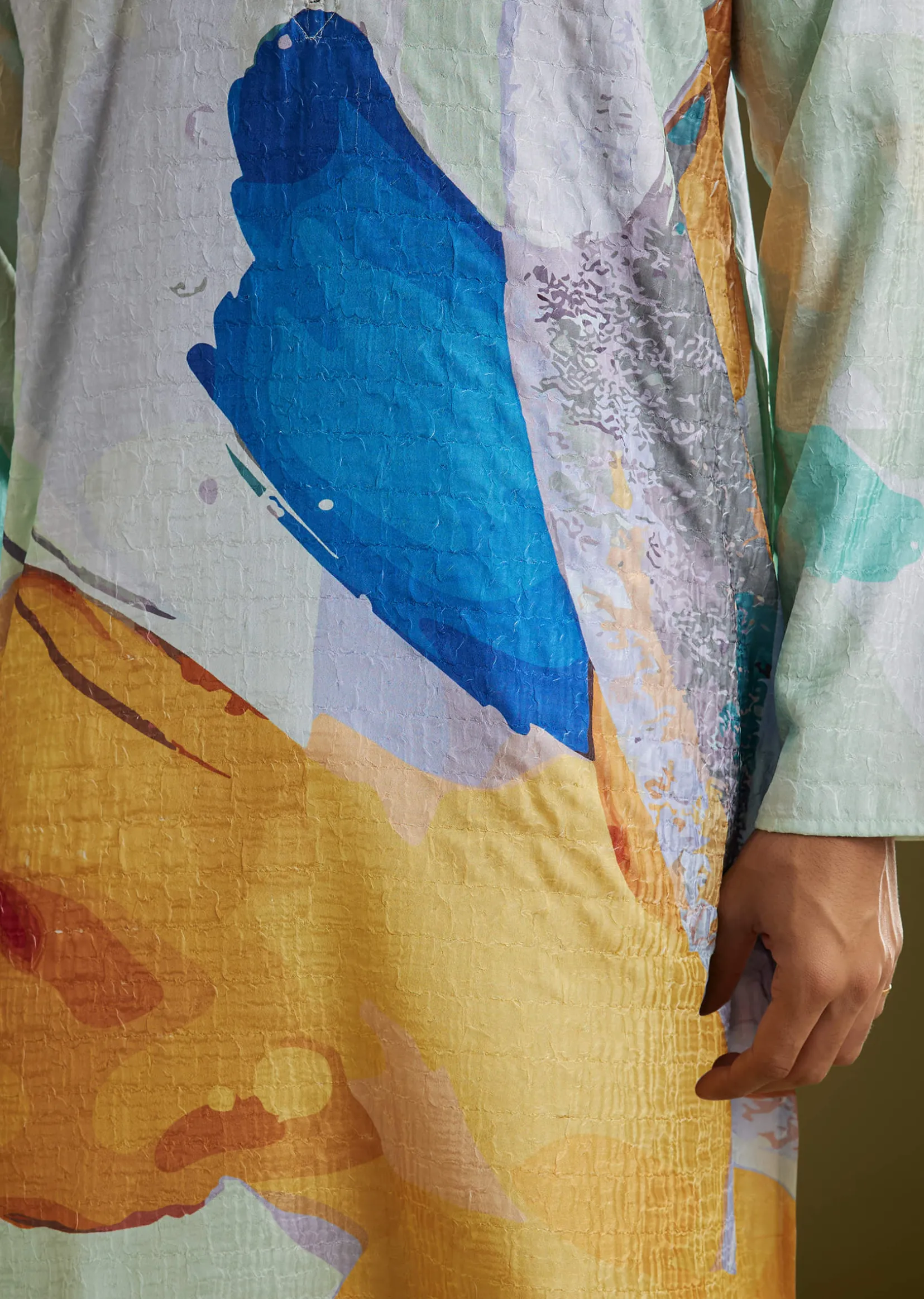 Multicolor Linen Abstract Printed Zipper Kurta Set