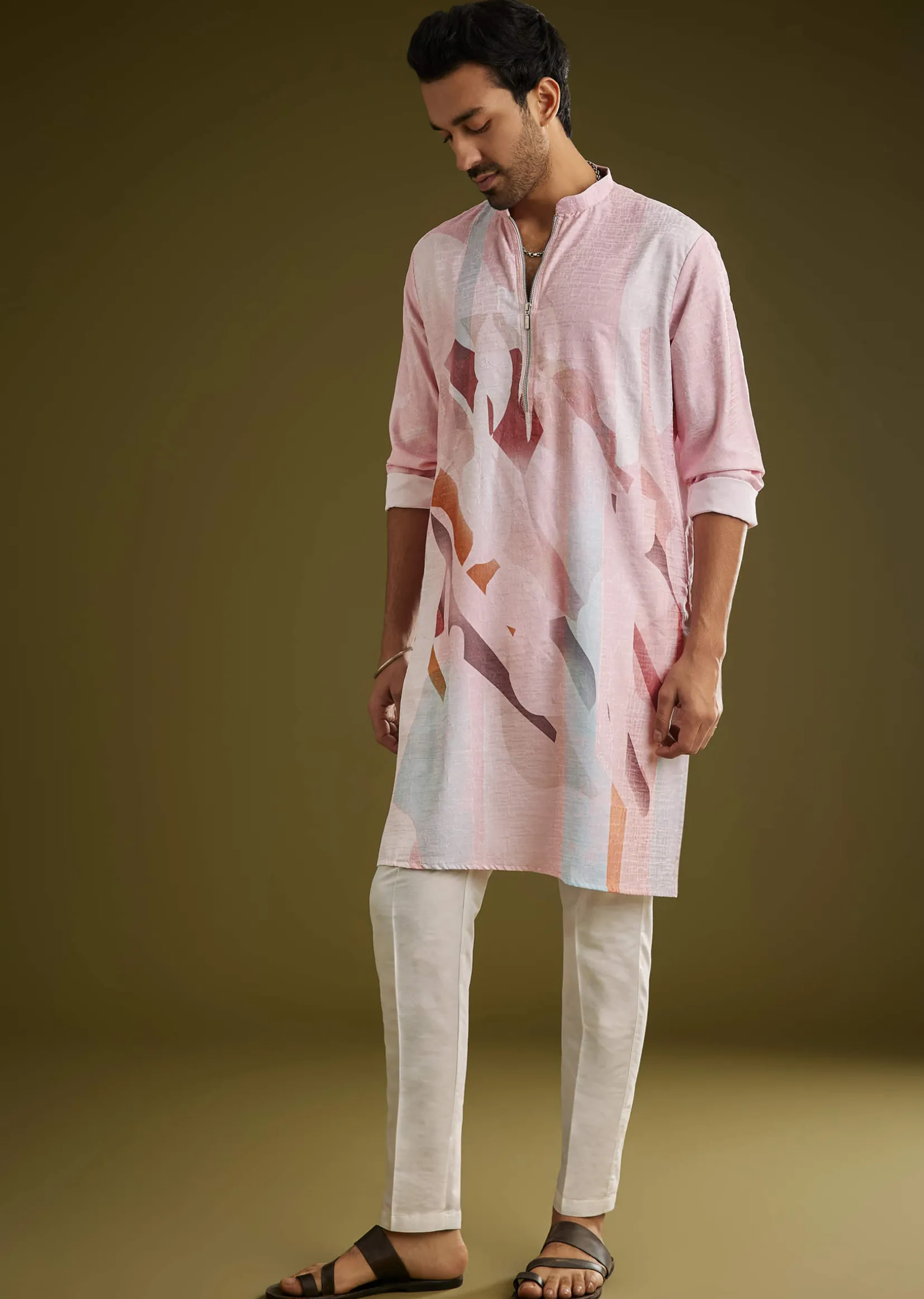 Multicolor Linen Kurta Set With Abstract Print