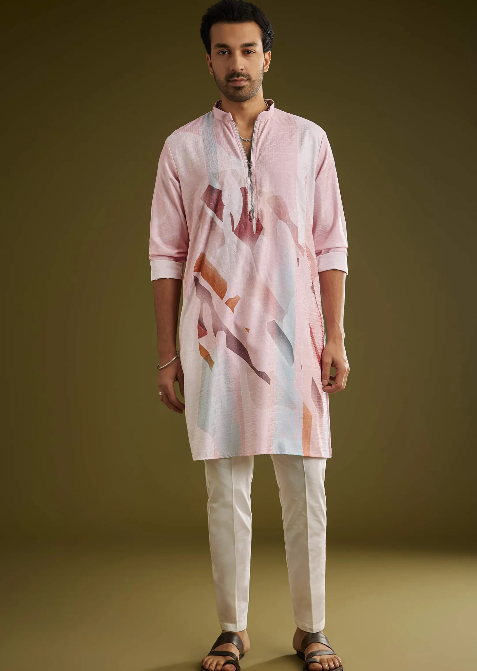Multicolor Linen Kurta Set With Abstract Print