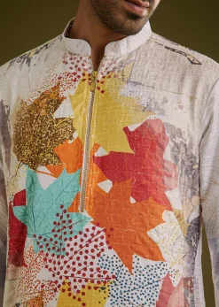 Multicolor Linen Zipper Kurta Set With Abstract Leaf Prints