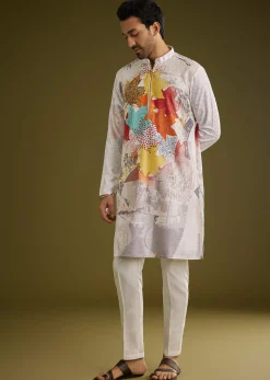 Multicolor Linen Zipper Kurta Set With Abstract Leaf Prints