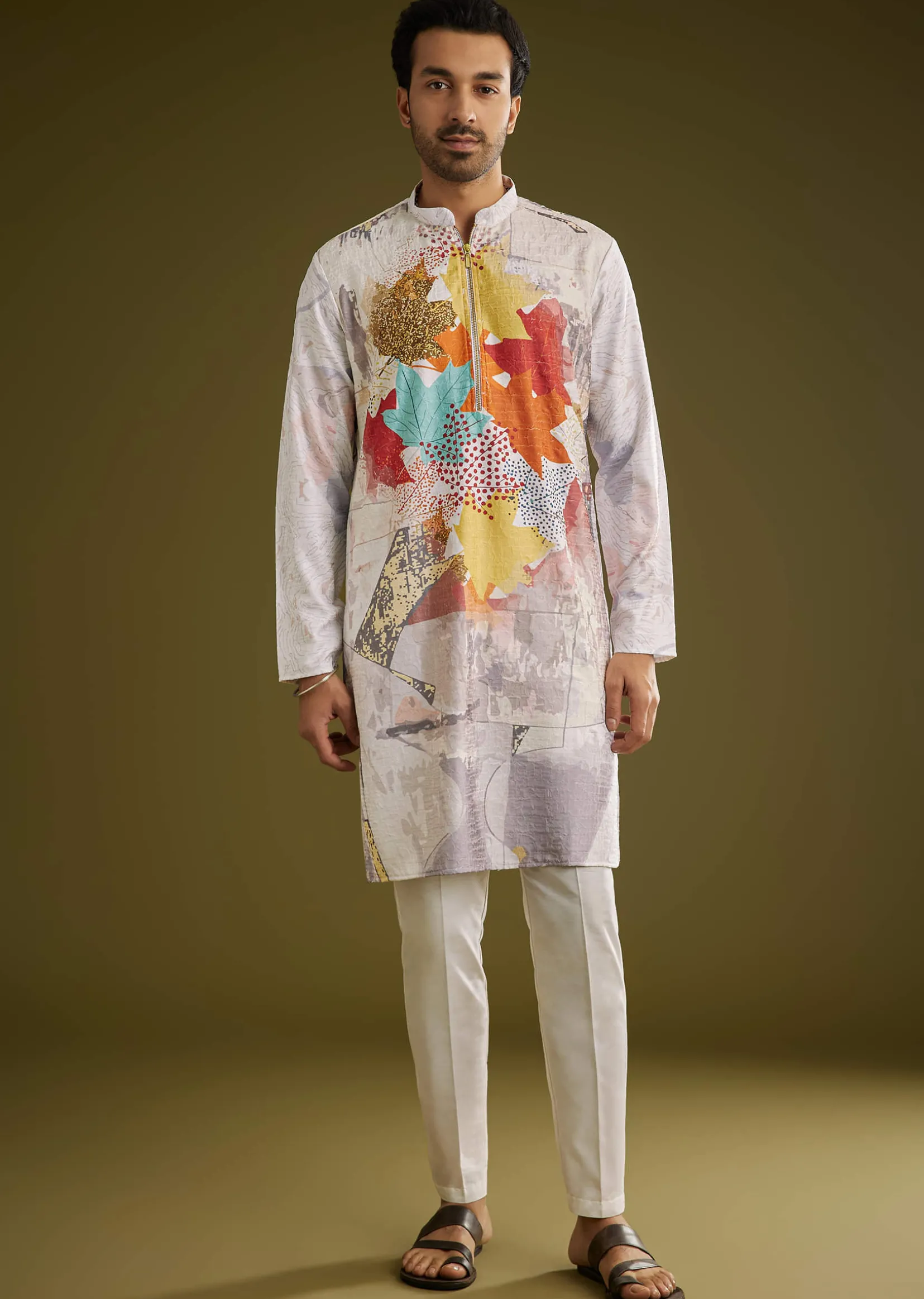 Multicolor Linen Zipper Kurta Set With Abstract Leaf Prints