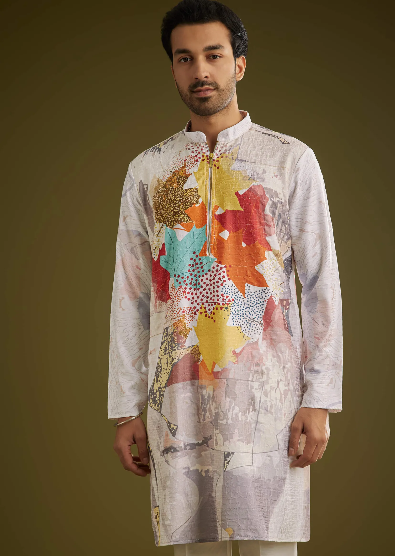 Multicolor Linen Zipper Kurta Set With Abstract Leaf Prints