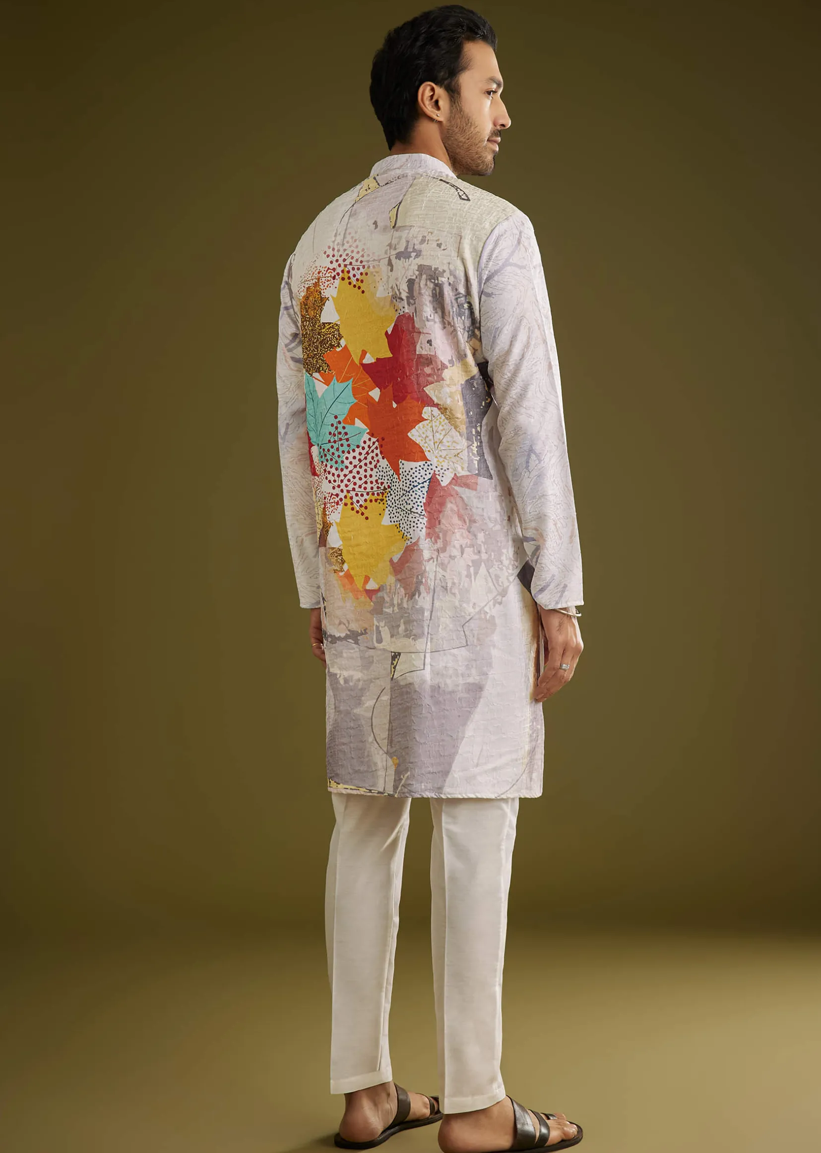 Multicolor Linen Zipper Kurta Set With Abstract Leaf Prints