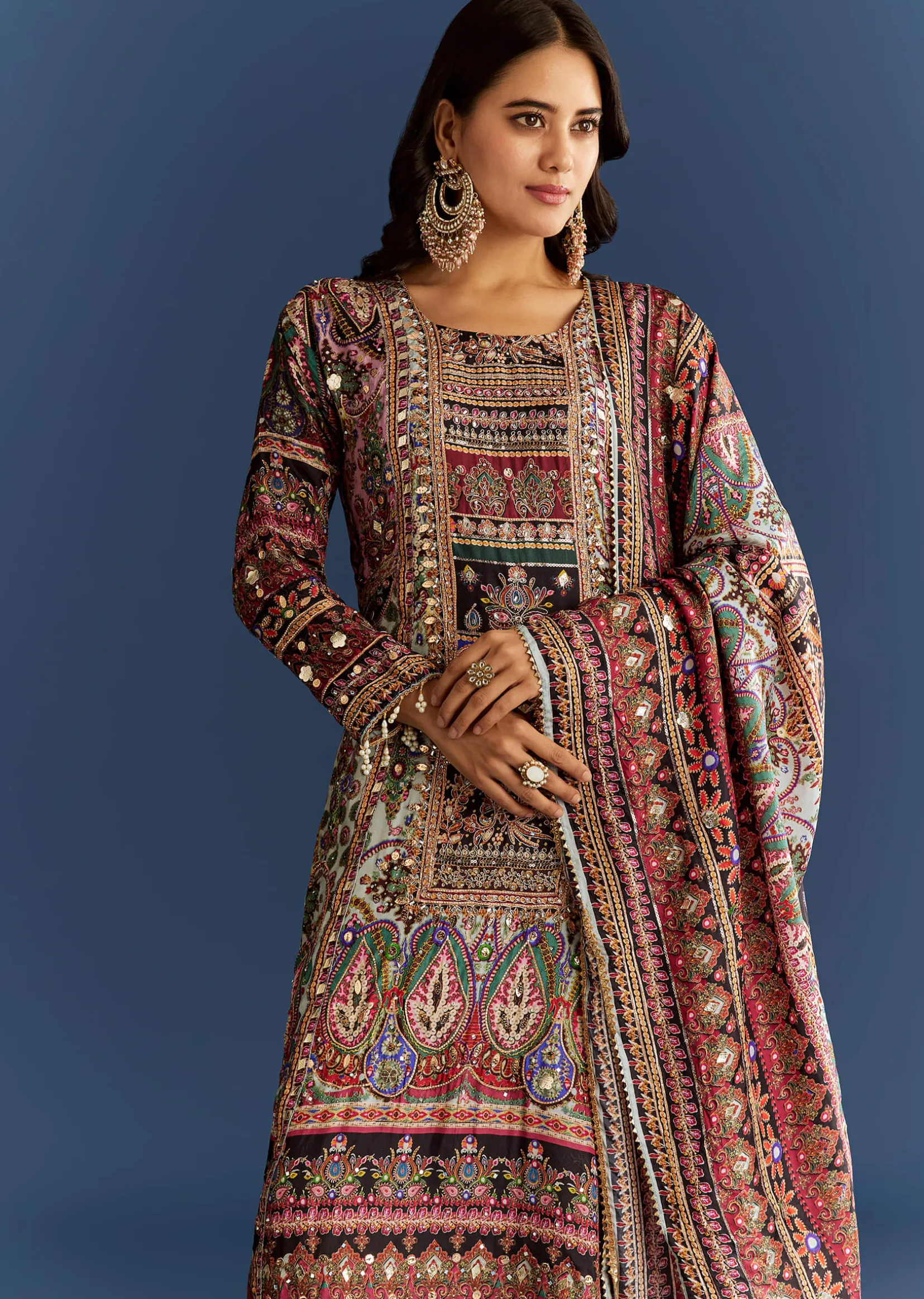 Multicolor Tabby Silk Printed Kurta Dupatta Suit With Patch Stone Zari Work
