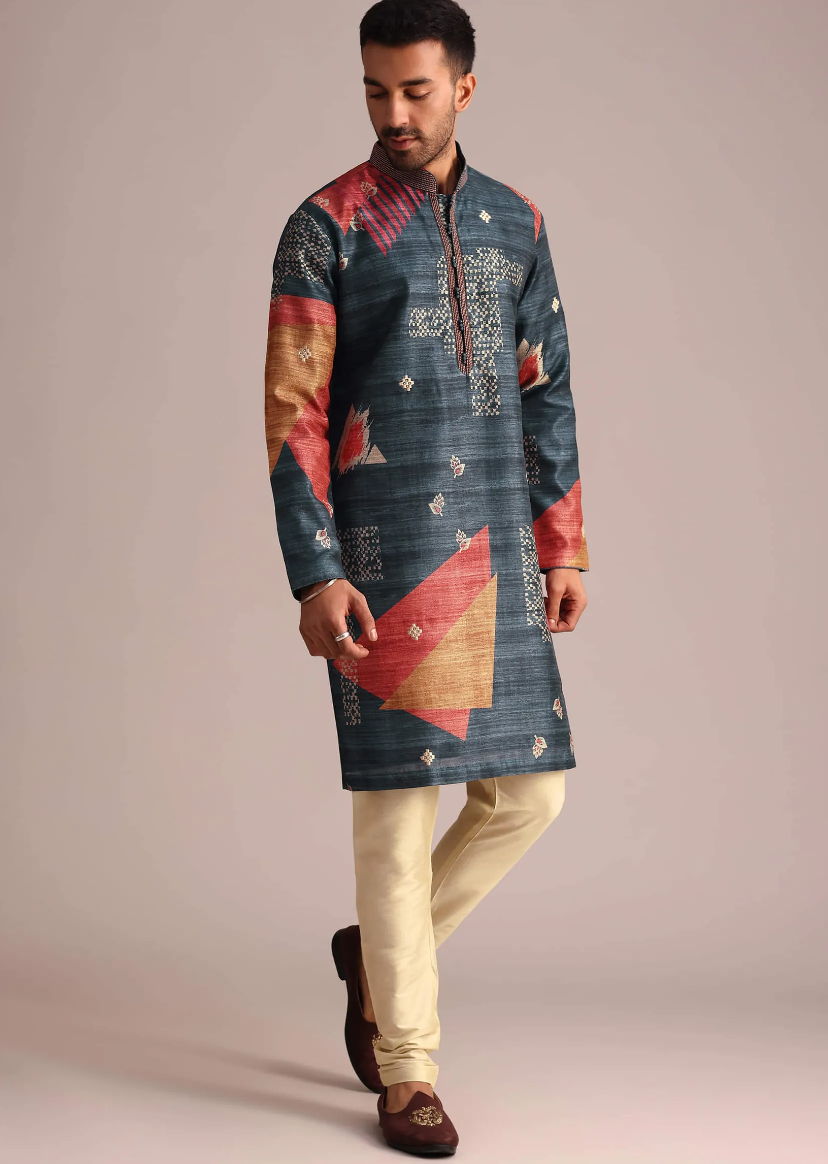 Multicolor Tussar Silk Printed Kurta Set