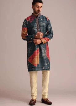 Multicolor Tussar Silk Printed Kurta Set
