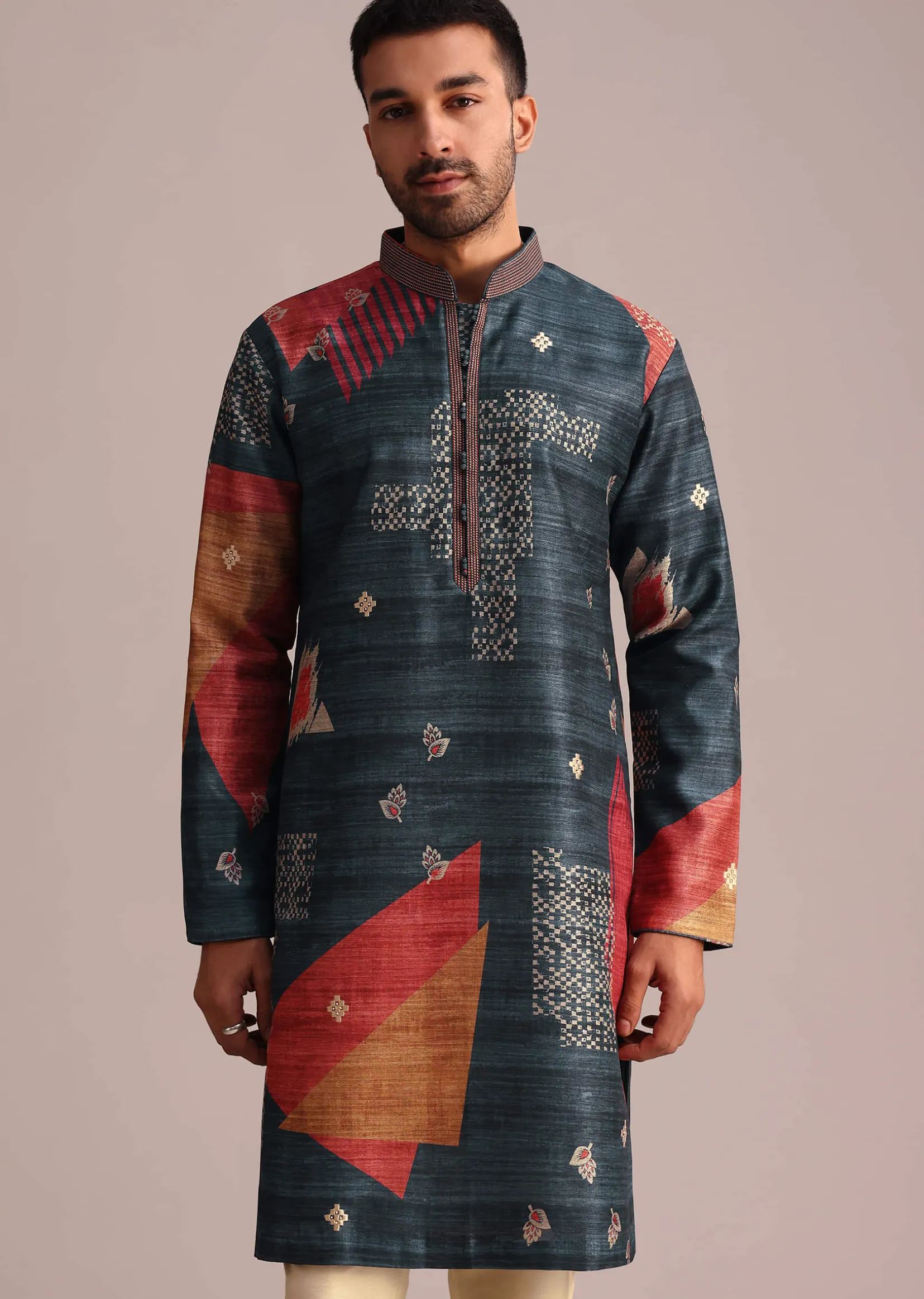 Multicolor Tussar Silk Printed Kurta Set