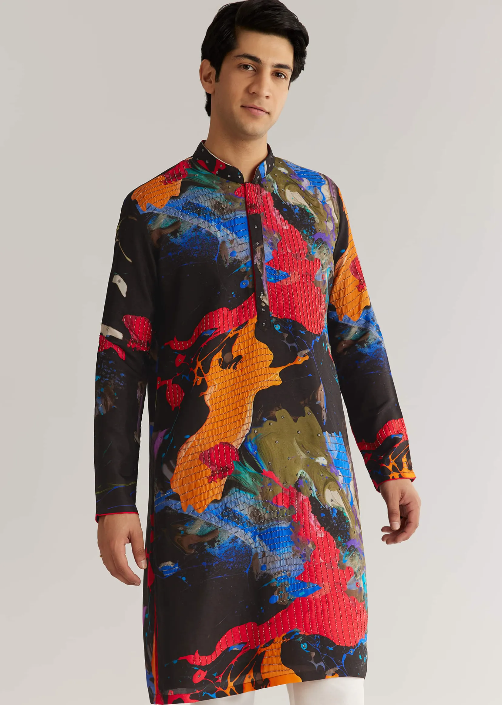 Multicolour Black Rawsilk Abstract Printed Kurta Set