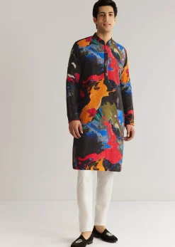 Multicolour Black Rawsilk Abstract Printed Kurta Set