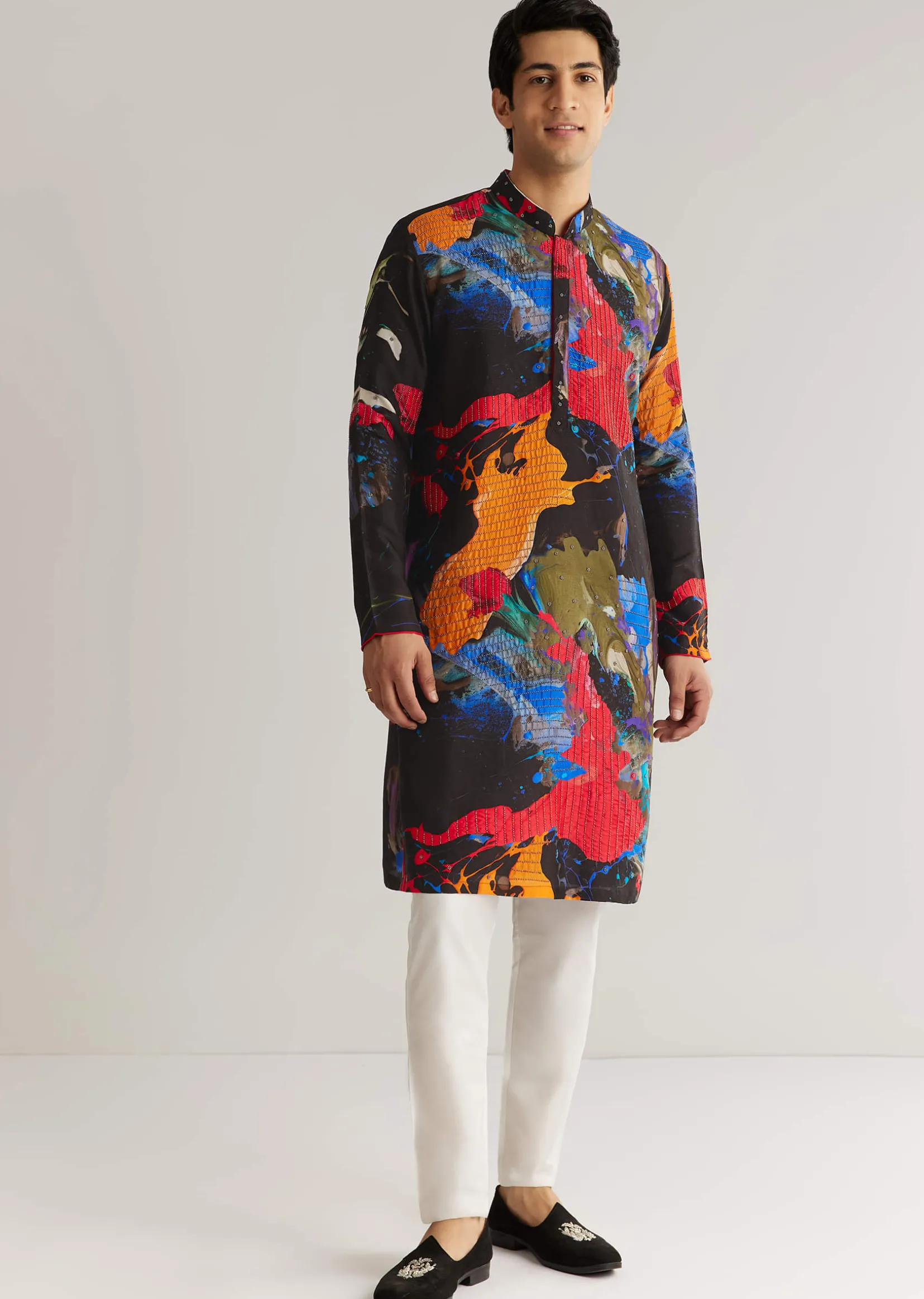 Multicolour Black Rawsilk Abstract Printed Kurta Set