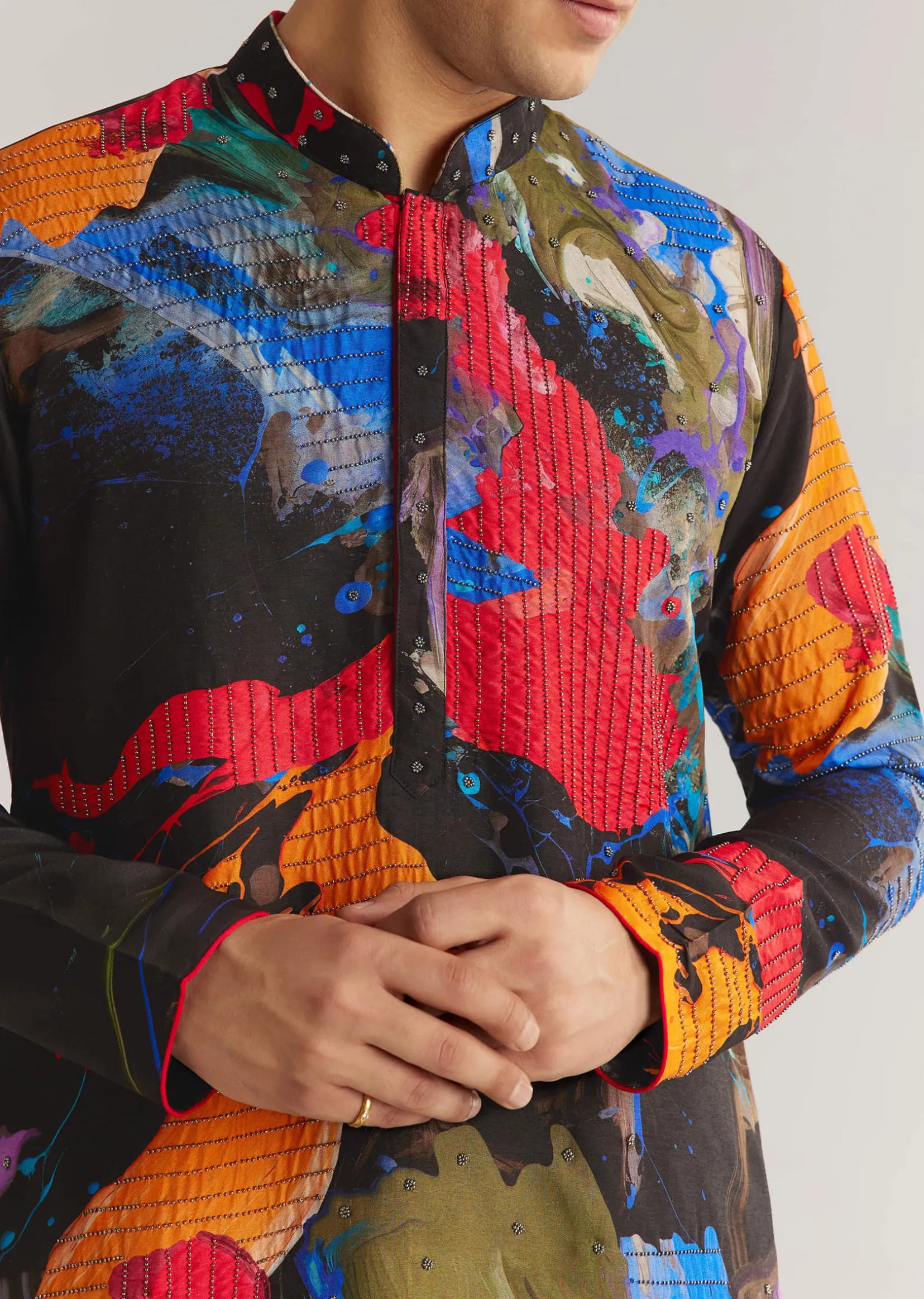 Multicolour Black Rawsilk Abstract Printed Kurta Set
