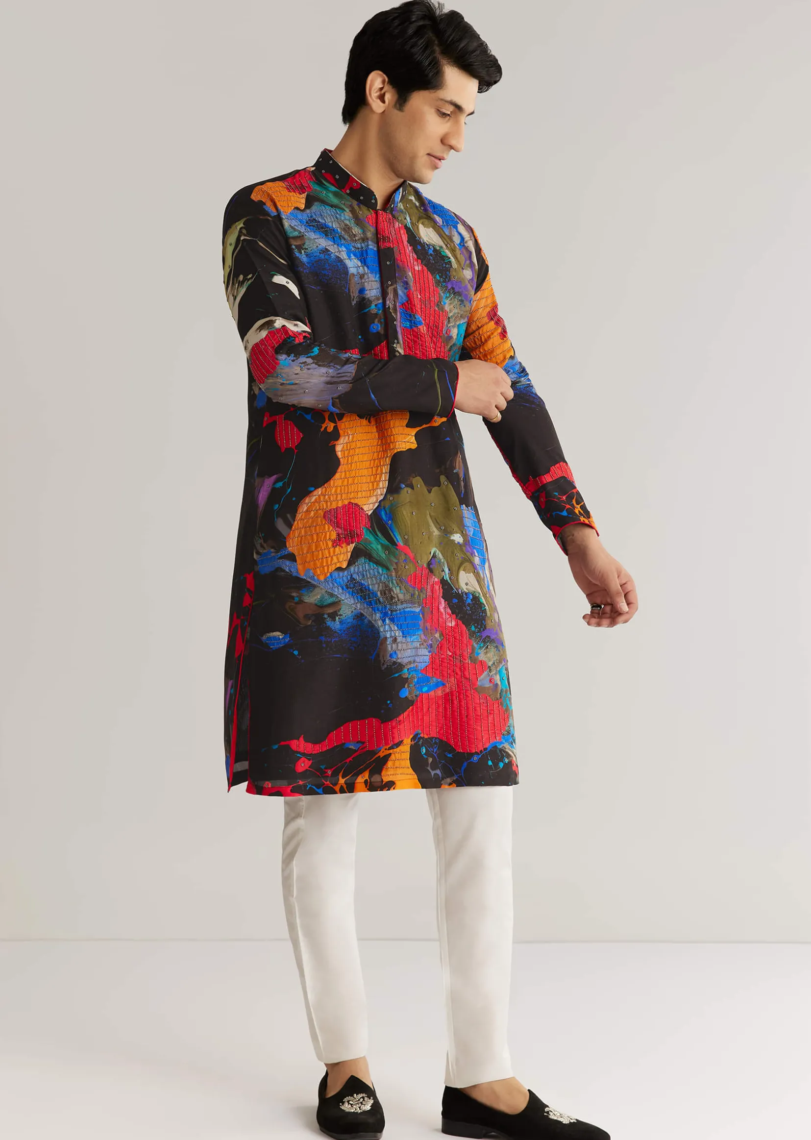 Multicolour Black Rawsilk Abstract Printed Kurta Set