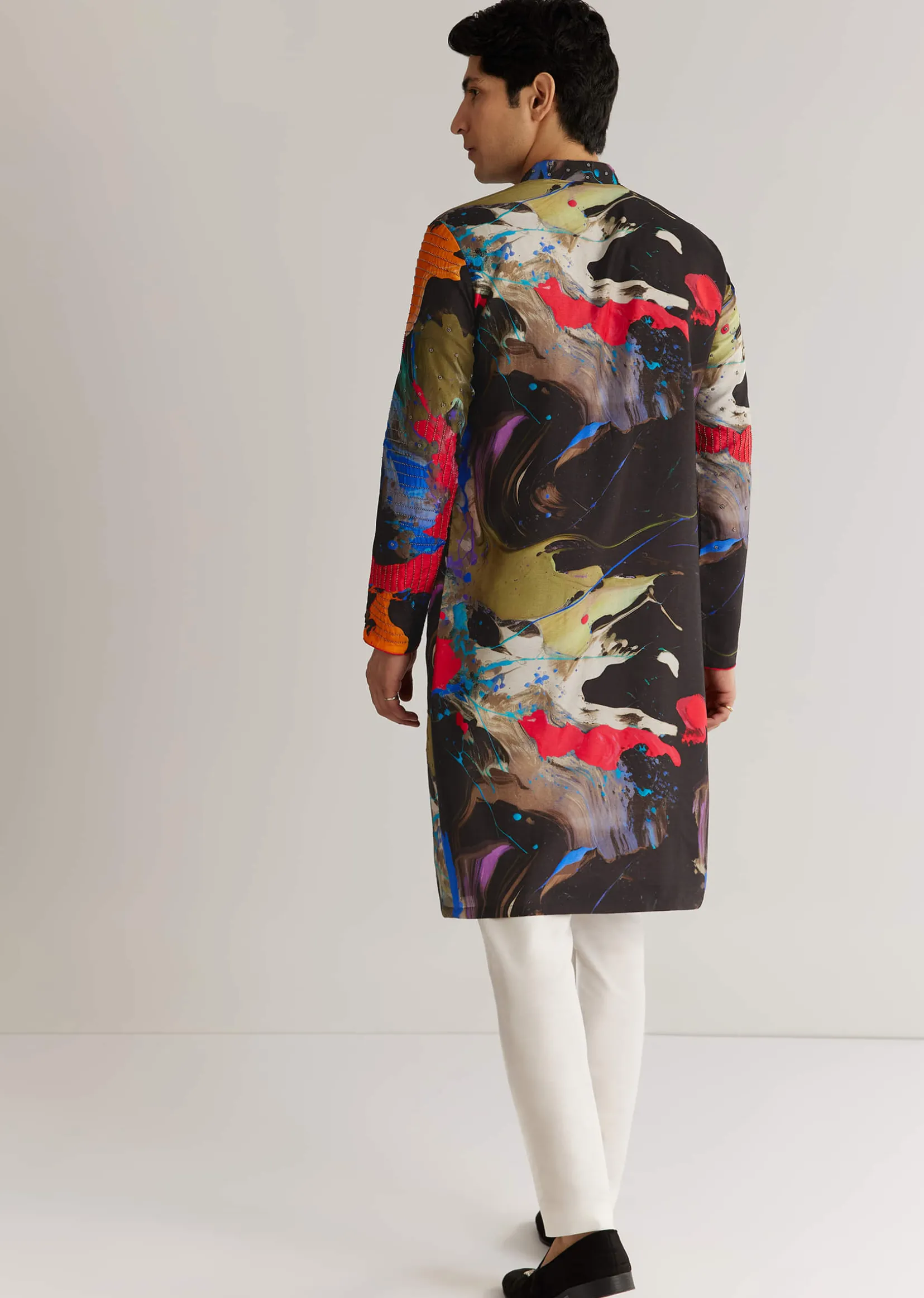 Multicolour Black Rawsilk Abstract Printed Kurta Set