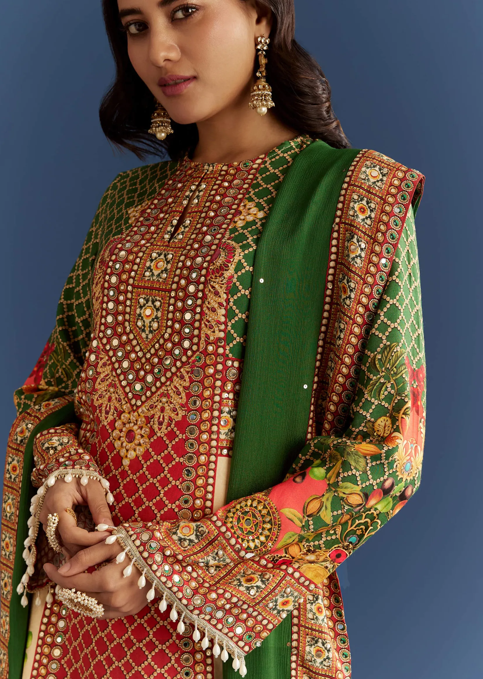 Multicolour Cotton Muslin Printed Kurta With A Line Cut And Printed Palazzo
