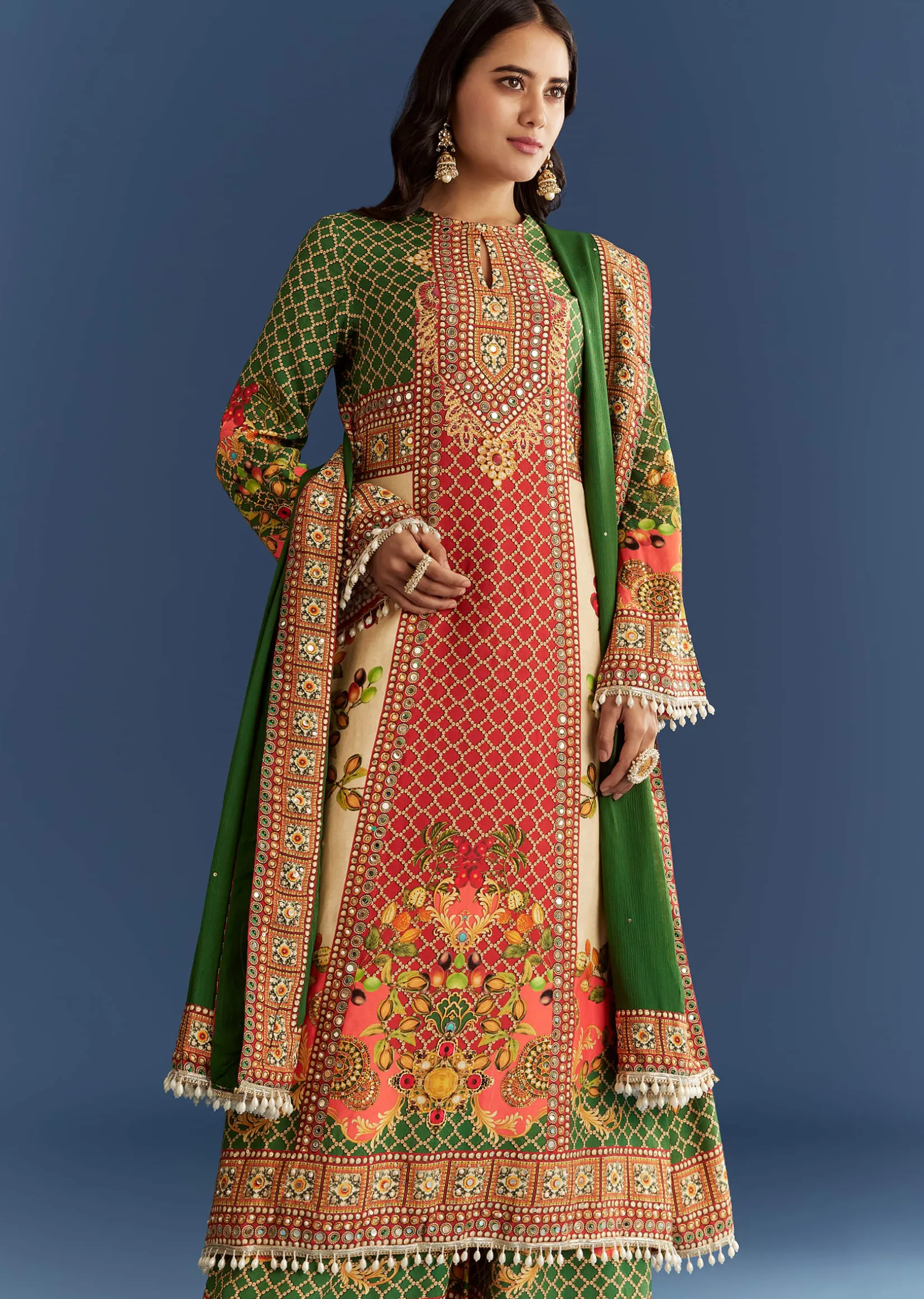Multicolour Cotton Muslin Printed Kurta With A Line Cut And Printed Palazzo
