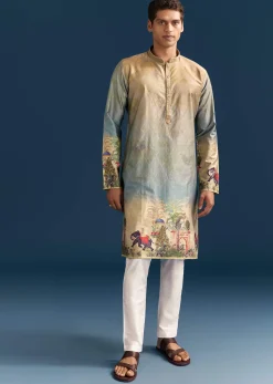Multicolour Ombre Silk Printed Kurta Set For Men
