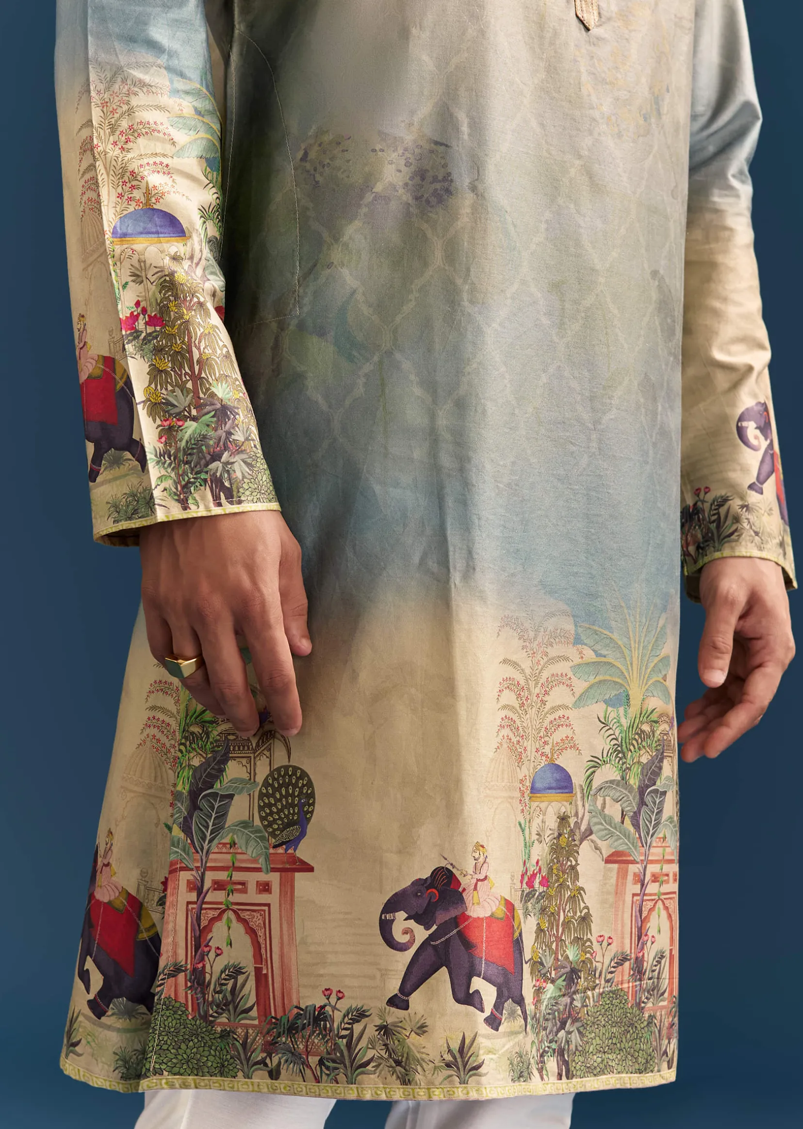 Multicolour Ombre Silk Printed Kurta Set For Men