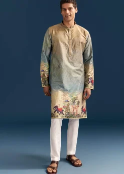 Multicolour Ombre Silk Printed Kurta Set For Men