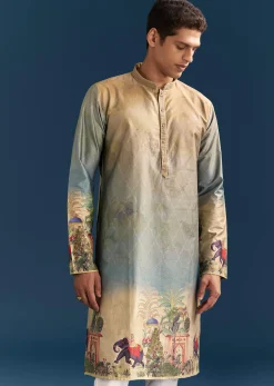 Multicolour Ombre Silk Printed Kurta Set For Men