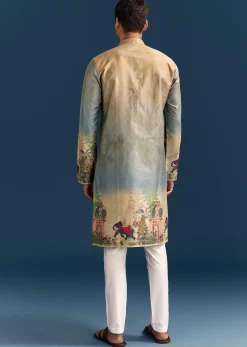 Multicolour Ombre Silk Printed Kurta Set For Men
