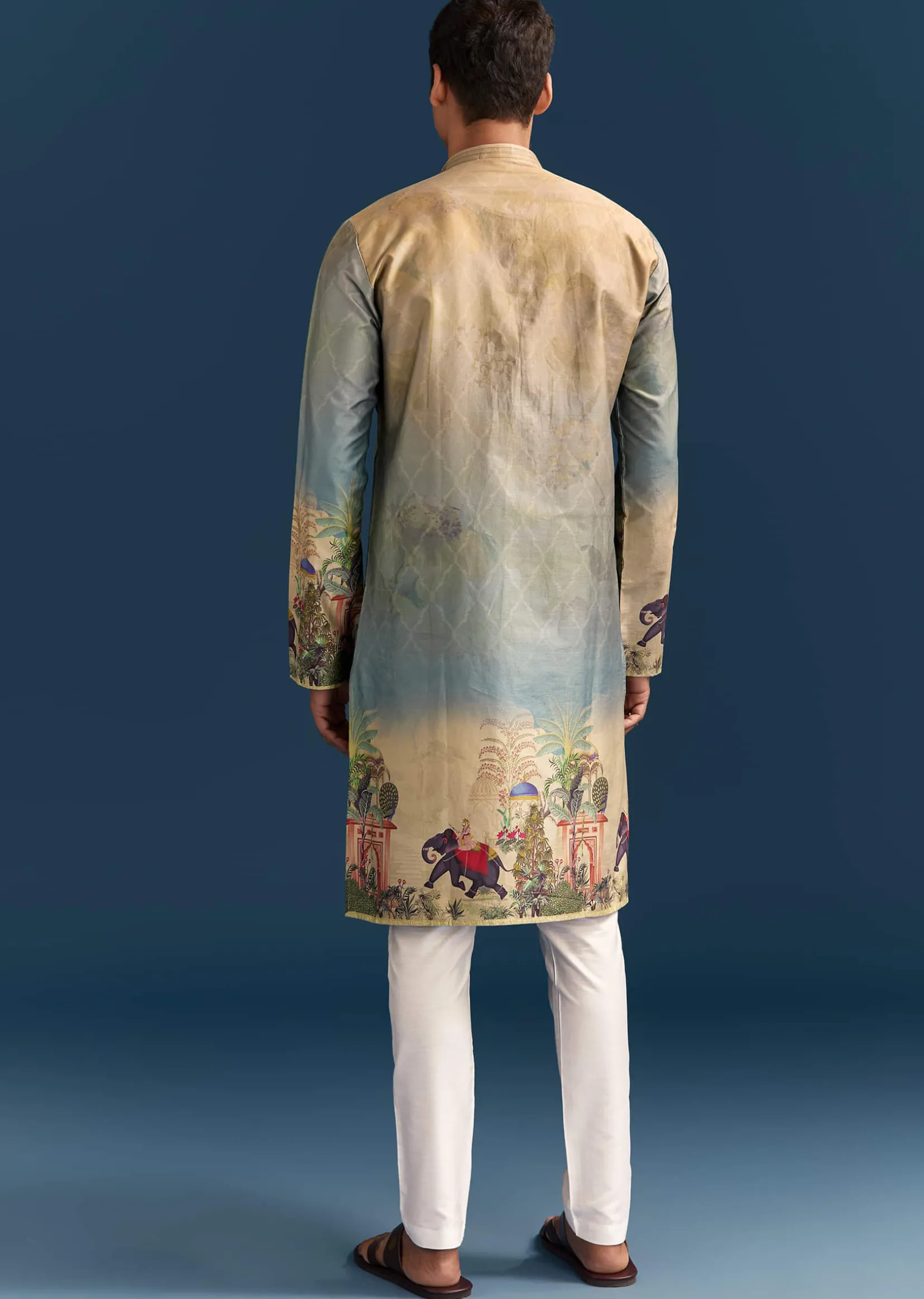 Multicolour Ombre Silk Printed Kurta Set For Men