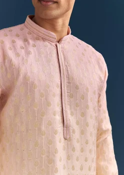 Multicolour Pastel Silk Kurta Set For Men With Sequins Embroidery