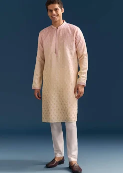 Multicolour Pastel Silk Kurta Set For Men With Sequins Embroidery