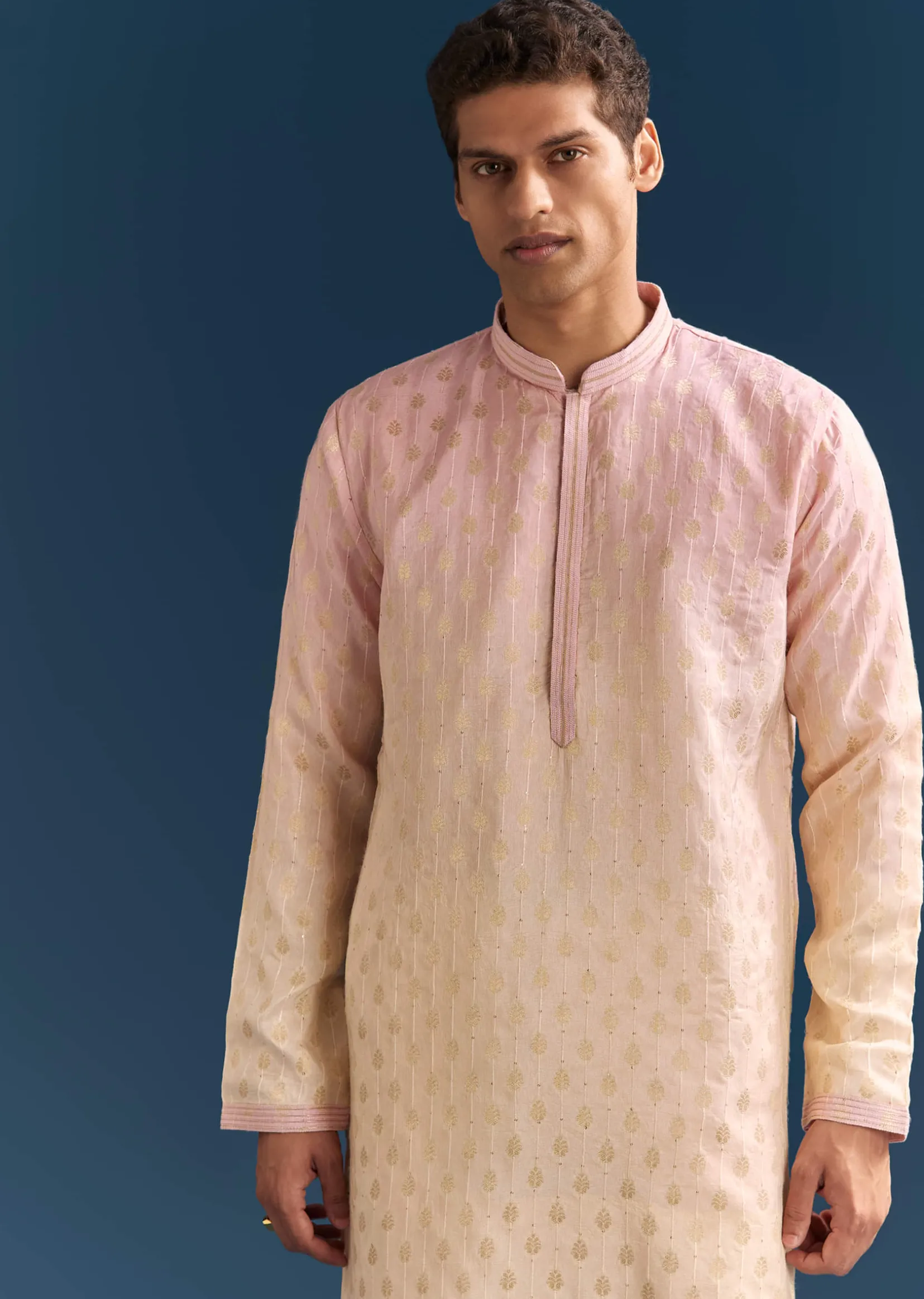 Multicolour Pastel Silk Kurta Set For Men With Sequins Embroidery