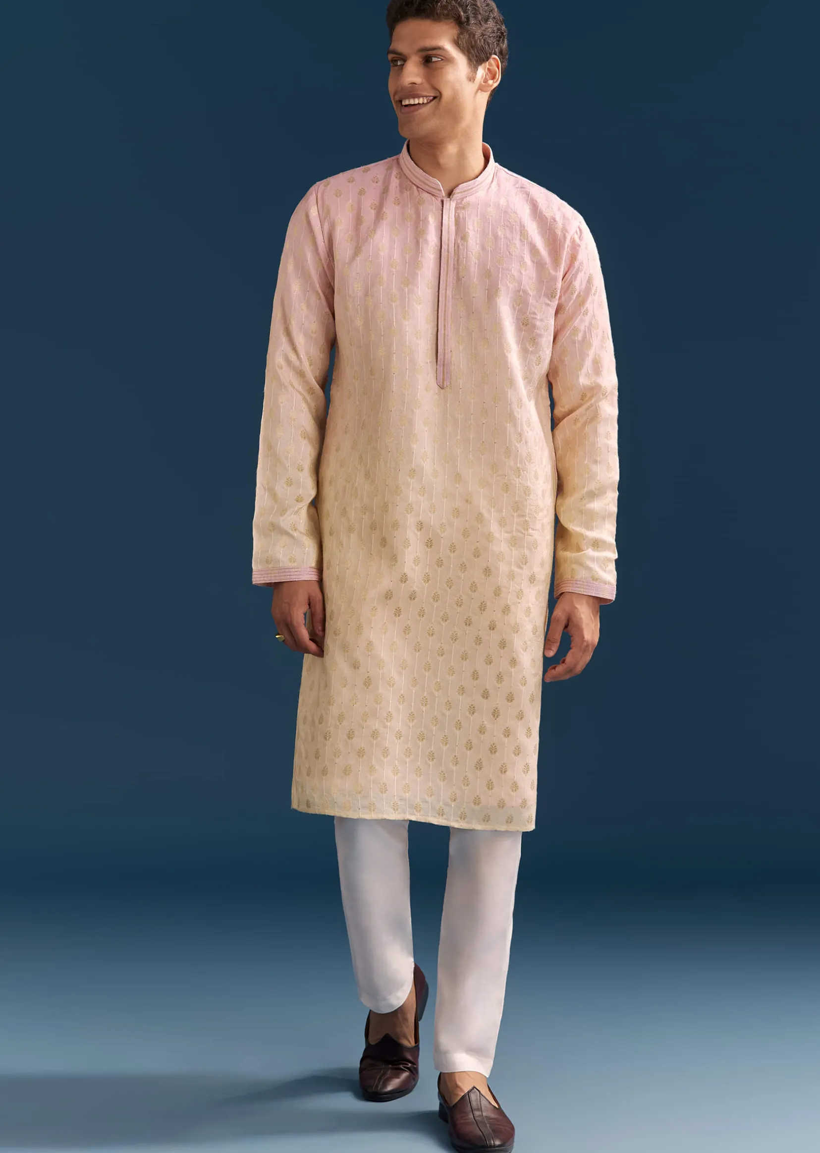 Multicolour Pastel Silk Kurta Set For Men With Sequins Embroidery