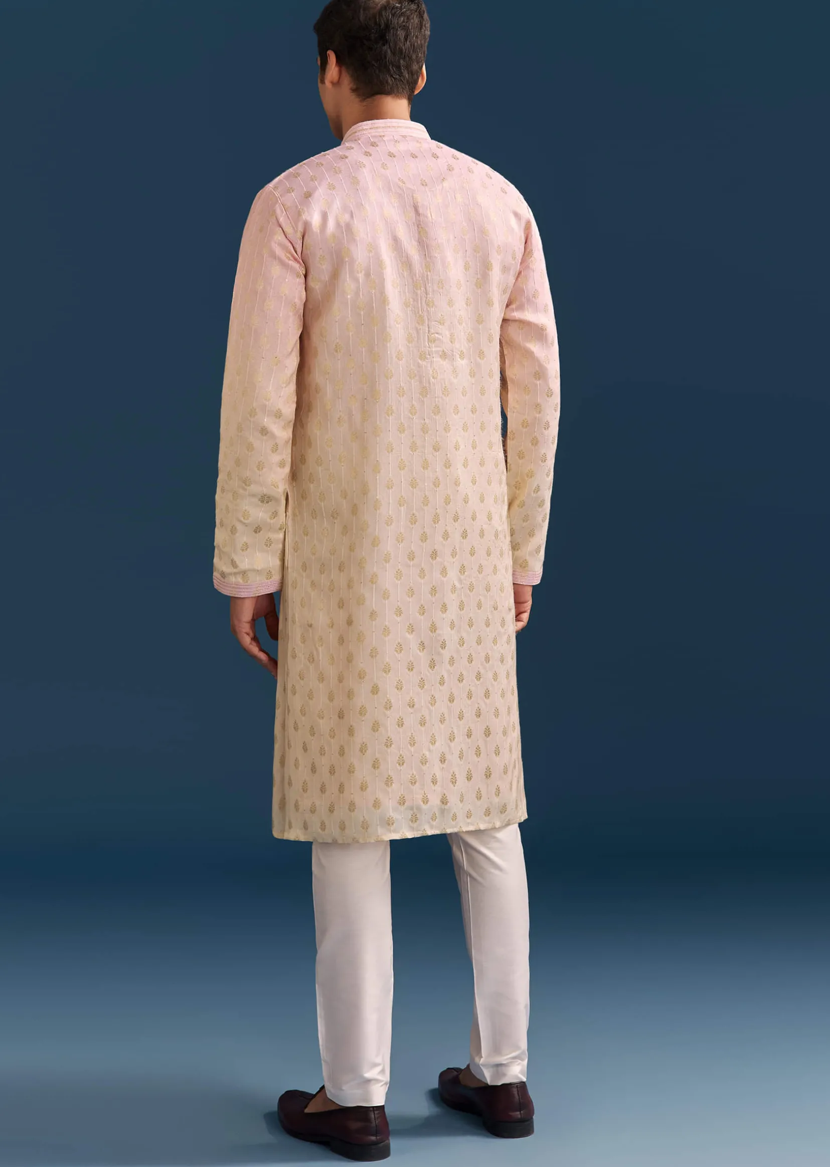 Multicolour Pastel Silk Kurta Set For Men With Sequins Embroidery
